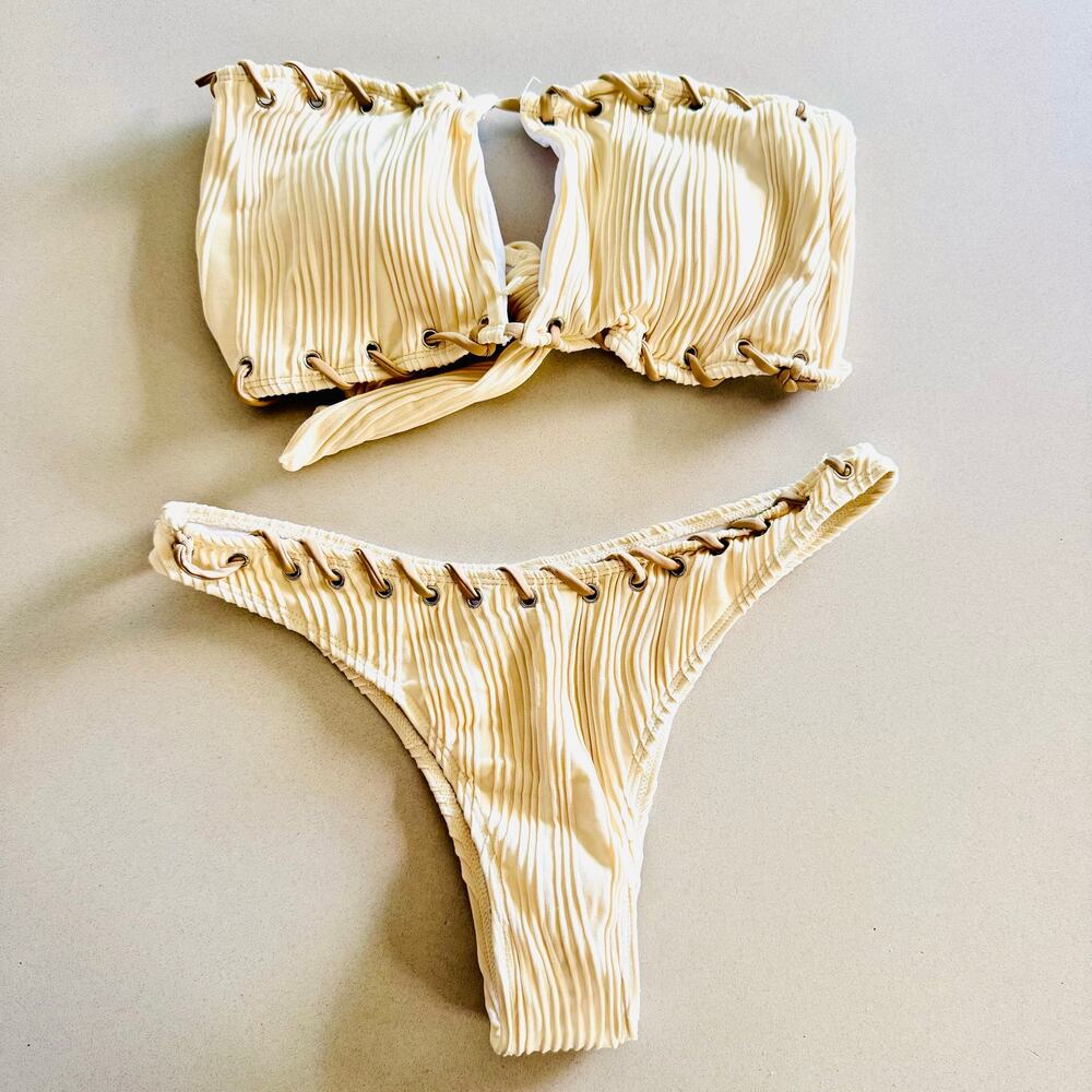 NEW SHEIN Off White Brown Contrast Thread Bandeau Top Bikini Swim Swimsuit L